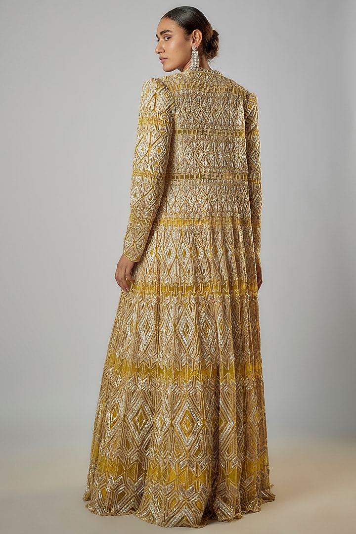 Yellow Net & Crepe Hand Embroidered Jacket Bridal Lehenga Set by Ritika Mirchandani at Pernia's Pop Up Shop