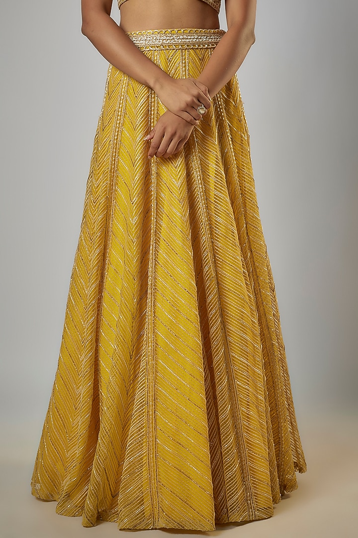 Yellow Net & Crepe Hand Embroidered Jacket Bridal Lehenga Set by Ritika Mirchandani at Pernia's Pop Up Shop