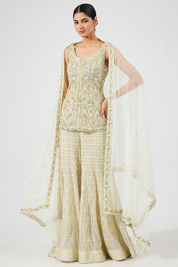 Lime Green Crepe Crystal Embroidered Bridal Sharara Set by Ritika Mirchandani at Pernia's Pop Up Shop