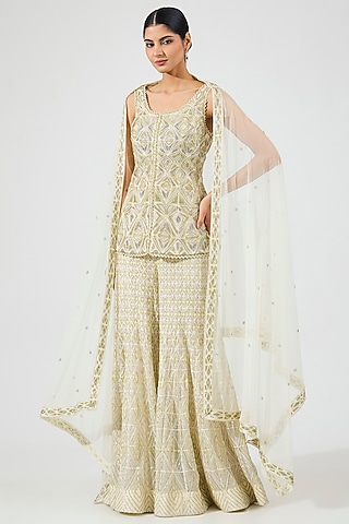 Lime Green Crepe Crystal Embroidered Sharara Set by Ritika Mirchandani
