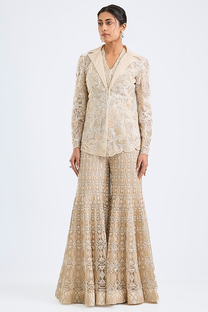 Ivory & Gold Double Georgette Dori Embroidered Bridal Sharara Set by Ritika Mirchandani at Pernia's Pop Up Shop