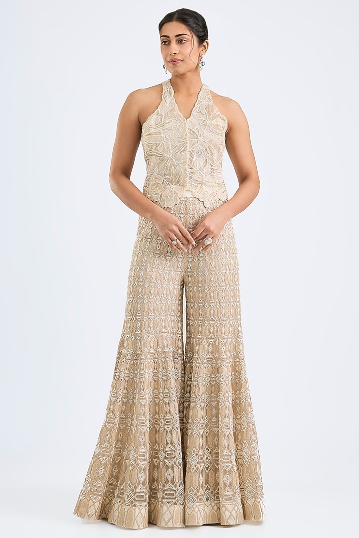 Ivory & Gold Double Georgette Dori Embroidered Bridal Sharara Set by Ritika Mirchandani at Pernia's Pop Up Shop