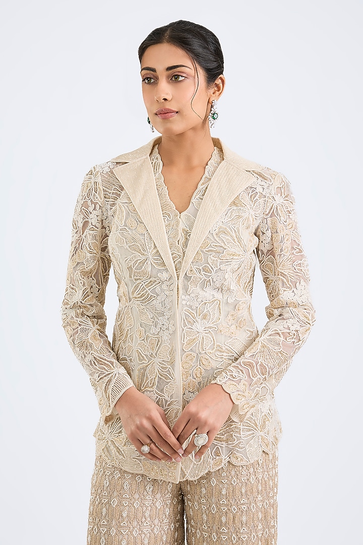 Ivory & Gold Double Georgette Dori Embroidered Bridal Sharara Set by Ritika Mirchandani at Pernia's Pop Up Shop