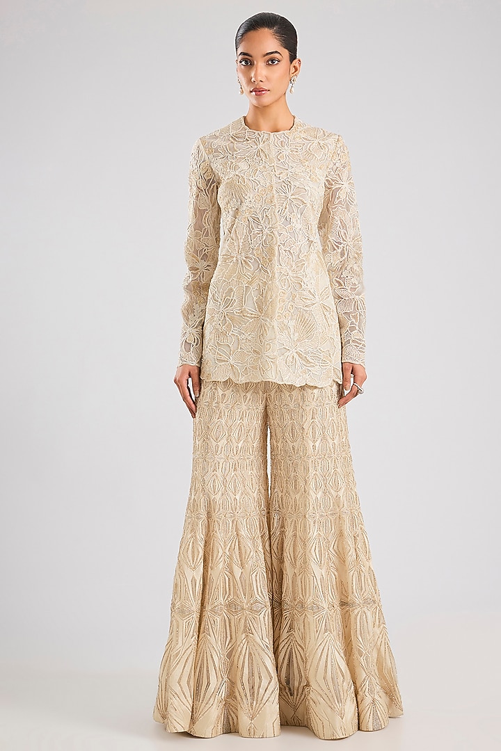 Ivory Double Georgette Thread Embroidered Bridal Sharara Set by Ritika Mirchandani at Pernia's Pop Up Shop
