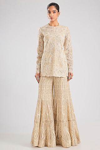 Ivory Double Georgette Thread Embroidered Sharara Set by Ritika Mirchandani