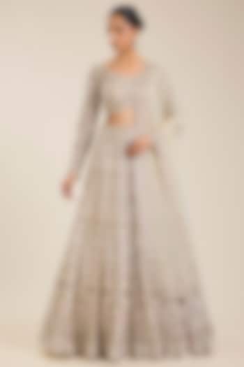 Pink-Ivory Double Georgette & Net Embroidered Bridal Lehenga Set by Ritika Mirchandani at Pernia's Pop Up Shop