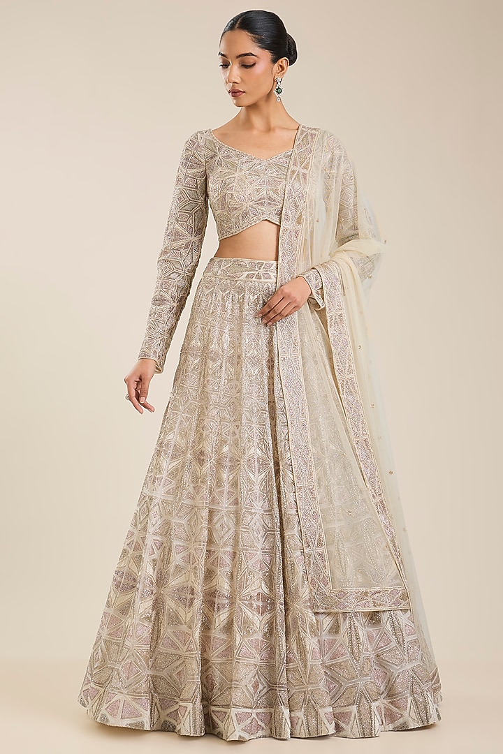 Pink-Ivory Double Georgette & Net Embroidered Bridal Lehenga Set by Ritika Mirchandani at Pernia's Pop Up Shop