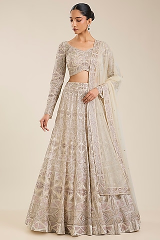 Pink-Ivory Double Georgette & Net Embroidered Lehenga Set by Ritika Mirchandani