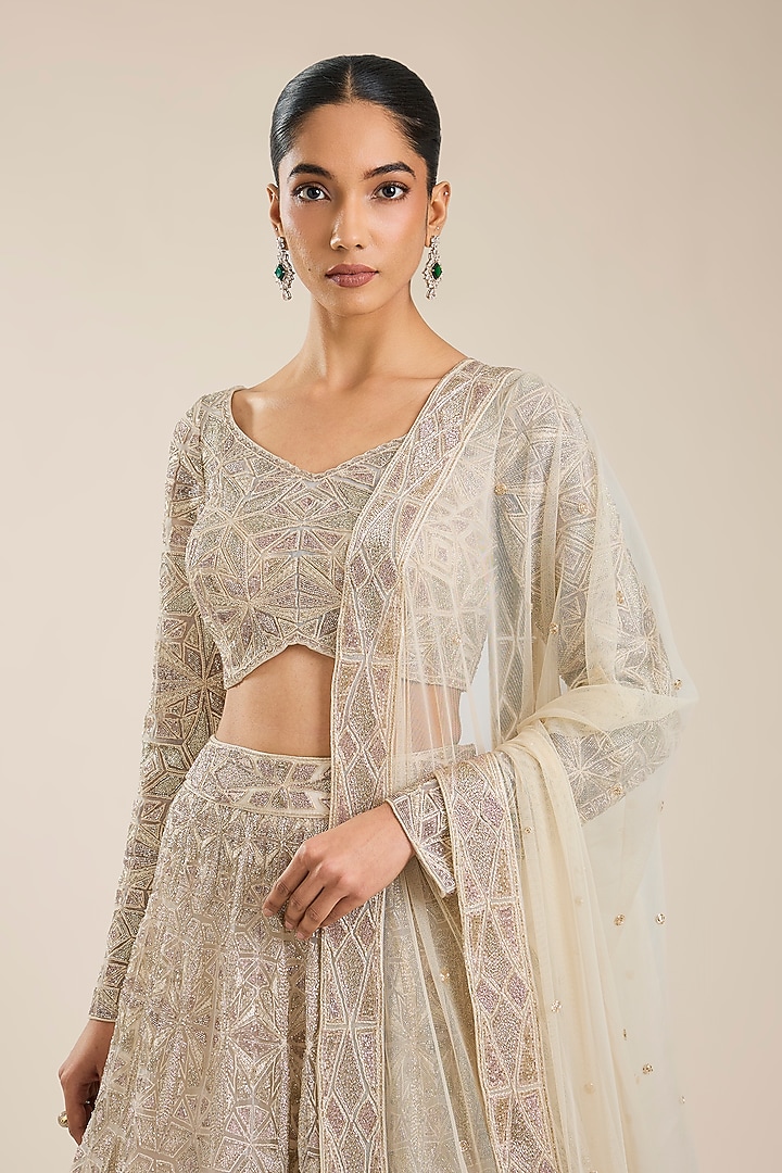 Pink-Ivory Double Georgette & Net Embroidered Bridal Lehenga Set by Ritika Mirchandani at Pernia's Pop Up Shop