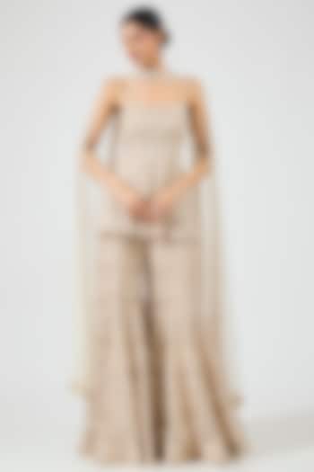 Ivory Gold Crepe Crystal Embroidered Bridal Sharara Set by Ritika Mirchandani at Pernia's Pop Up Shop