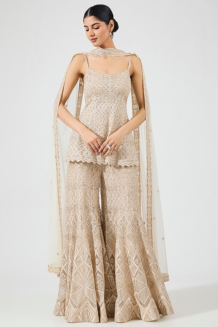 Ivory Gold Crepe Crystal Embroidered Bridal Sharara Set by Ritika Mirchandani at Pernia's Pop Up Shop