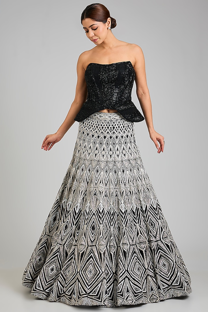 Silver & Black Crepe Bridal Lehenga Set by Ritika Mirchandani at Pernia's Pop Up Shop