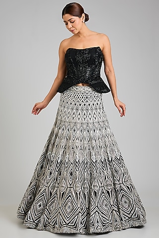 Silver & Black Crepe Lehenga Set by Ritika Mirchandani