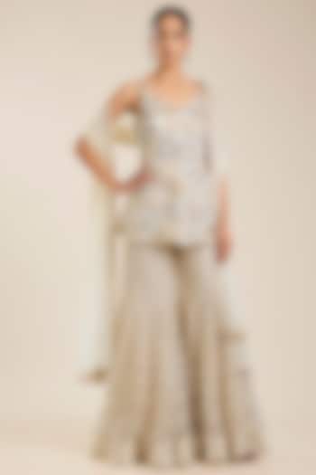 Ivory-Gold Double Georgette & Net Embroidered Bridal Sharara Set by Ritika Mirchandani at Pernia's Pop Up Shop