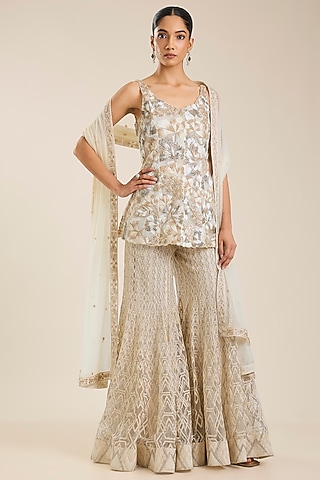 Ivory-Gold Double Georgette & Net Embroidered Sharara Set by Ritika Mirchandani