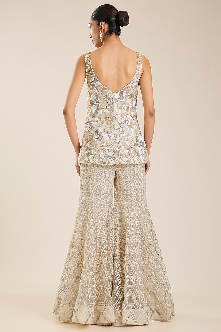 Ivory-Gold Double Georgette & Net Embroidered Bridal Sharara Set by Ritika Mirchandani at Pernia's Pop Up Shop