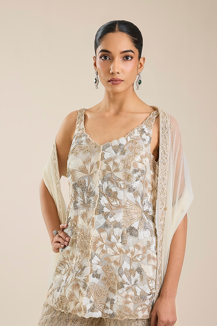 Ivory-Gold Double Georgette & Net Embroidered Bridal Sharara Set by Ritika Mirchandani at Pernia's Pop Up Shop