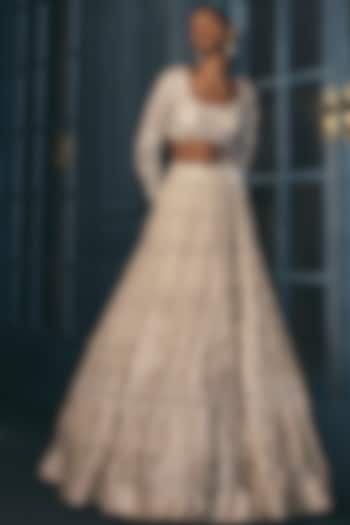 Ivory & Gold Crepe Crystal Embroidered Bridal Lehenga Set by Ritika Mirchandani at Pernia's Pop Up Shop