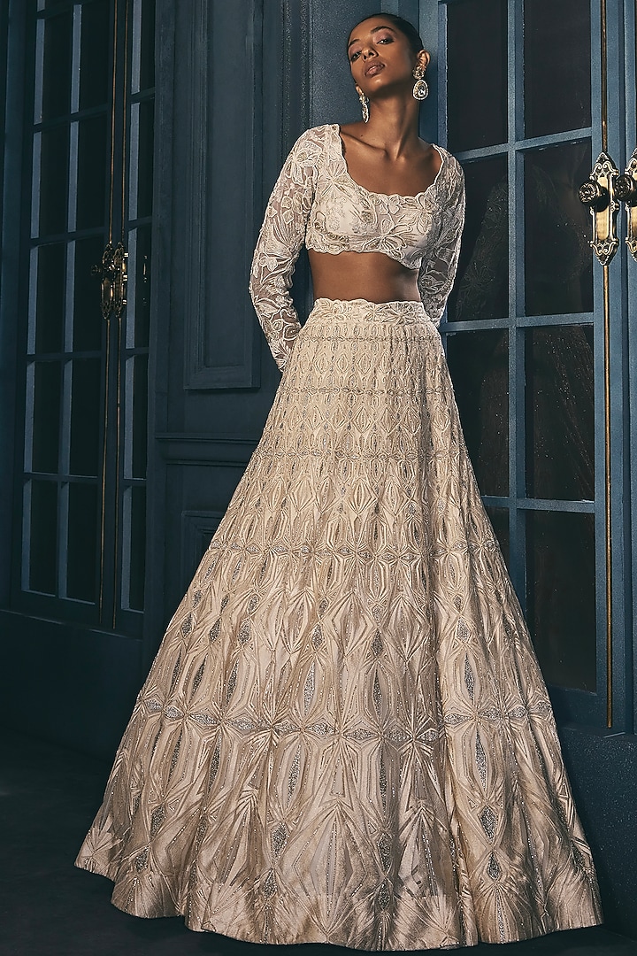 Ivory & Gold Crepe Crystal Embroidered Bridal Lehenga Set by Ritika Mirchandani at Pernia's Pop Up Shop