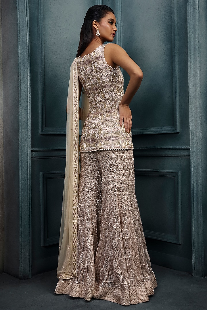 Pink & Ivory Crepe Crystal Embroidered Bridal Sharara Set by Ritika Mirchandani at Pernia's Pop Up Shop