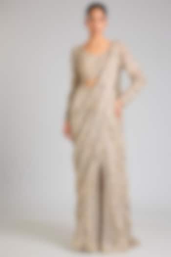 Ivory Gold Crepe & Net Crystal Embroidered Bridal Lehenga Saree Set by Ritika Mirchandani at Pernia's Pop Up Shop