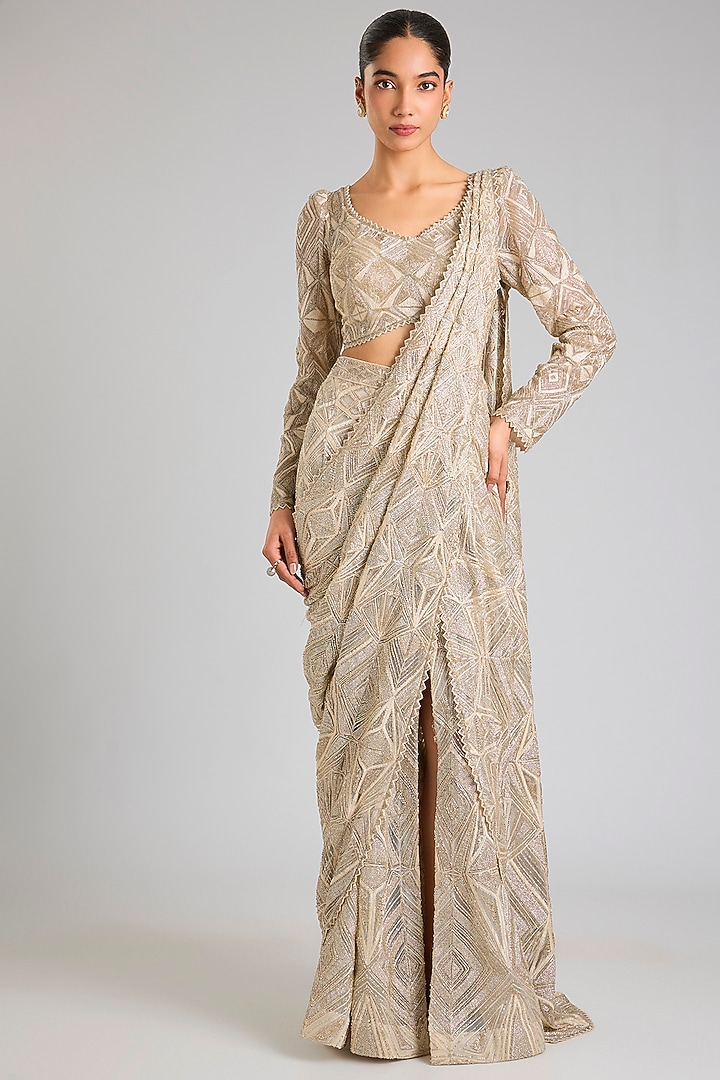 Ivory Gold Crepe & Net Crystal Embroidered Bridal Lehenga Saree Set by Ritika Mirchandani at Pernia's Pop Up Shop