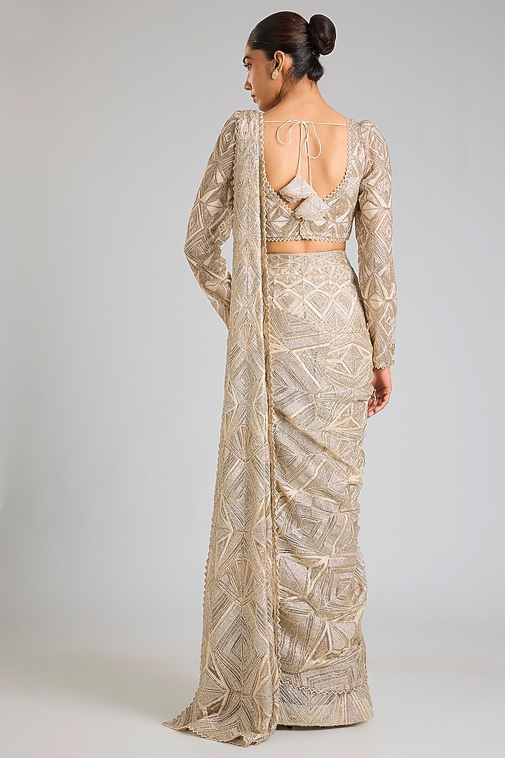 Ivory Gold Crepe & Net Crystal Embroidered Bridal Lehenga Saree Set by Ritika Mirchandani at Pernia's Pop Up Shop