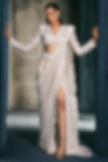 Ivory Crepe Bugle Beads Embroidered Bridal Lehenga Saree Set by Ritika Mirchandani at Pernia's Pop Up Shop