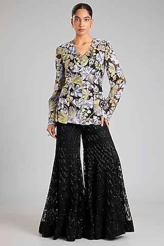 Black Crepe & Net Crystal Embroidered Sharara Set by Ritika Mirchandani
