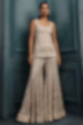 Ivory & Gold Crepe Crystal Embroidered Bridal Sharara Set by Ritika Mirchandani at Pernia's Pop Up Shop