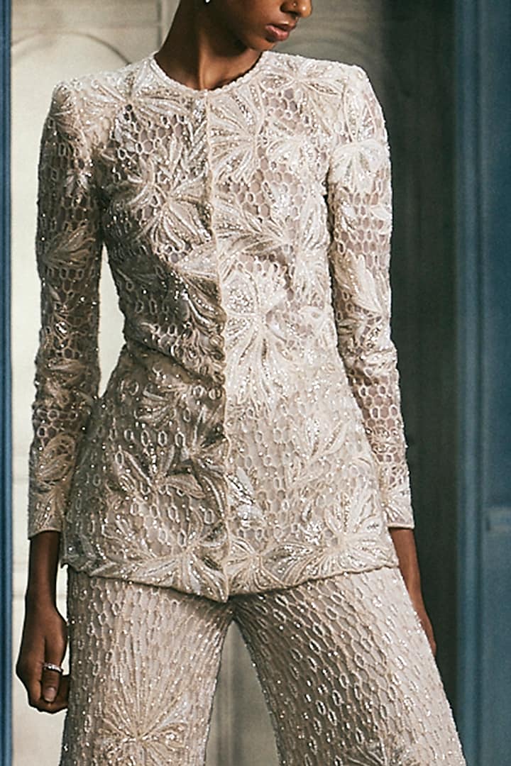 Ivory & Gold Crepe Crystal Embroidered Bridal Sharara Set by Ritika Mirchandani at Pernia's Pop Up Shop