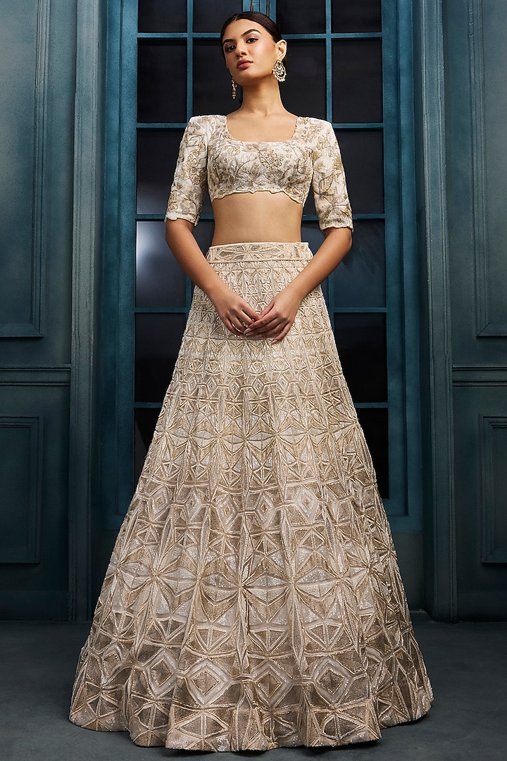 Ivory & Gold Crepe Crystal Embroidered Bridal Lehenga Set by Ritika Mirchandani at Pernia's Pop Up Shop