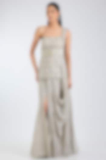 Silver & Lime Double Georgette Crystal Embroidered Bridal Lehenga Saree Set by Ritika Mirchandani at Pernia's Pop Up Shop