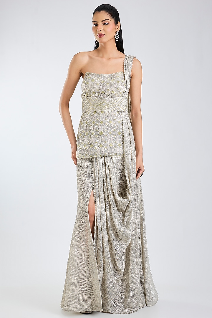 Silver & Lime Double Georgette Crystal Embroidered Bridal Lehenga Saree Set by Ritika Mirchandani at Pernia's Pop Up Shop