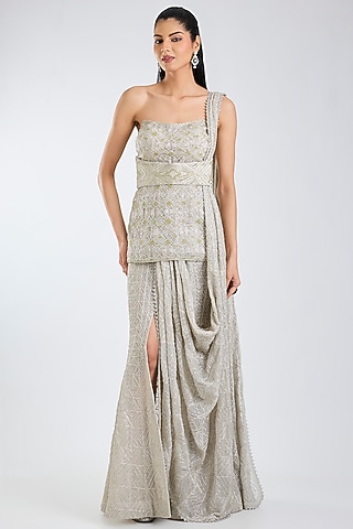 Silver & Lime Double Georgette Crystal Embroidered Lehenga Saree Set by Ritika Mirchandani
