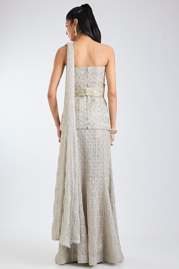 Silver & Lime Double Georgette Crystal Embroidered Bridal Lehenga Saree Set by Ritika Mirchandani at Pernia's Pop Up Shop