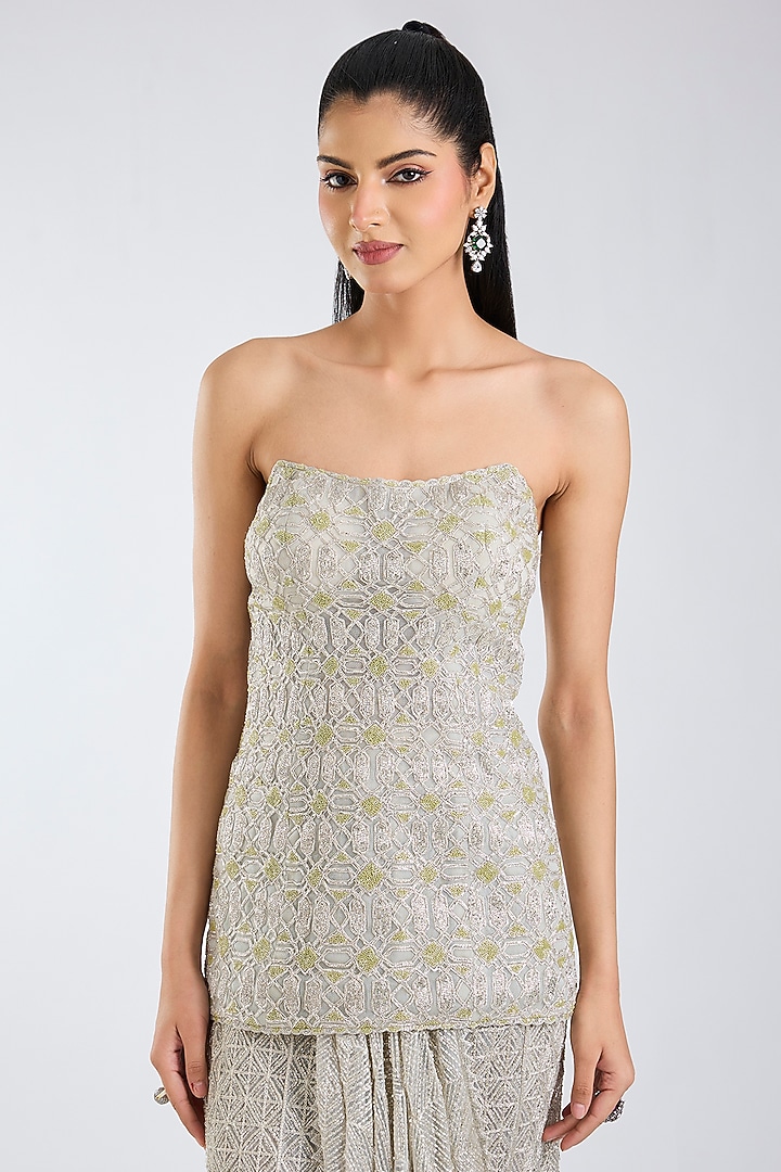 Silver & Lime Double Georgette Crystal Embroidered Bridal Lehenga Saree Set by Ritika Mirchandani at Pernia's Pop Up Shop