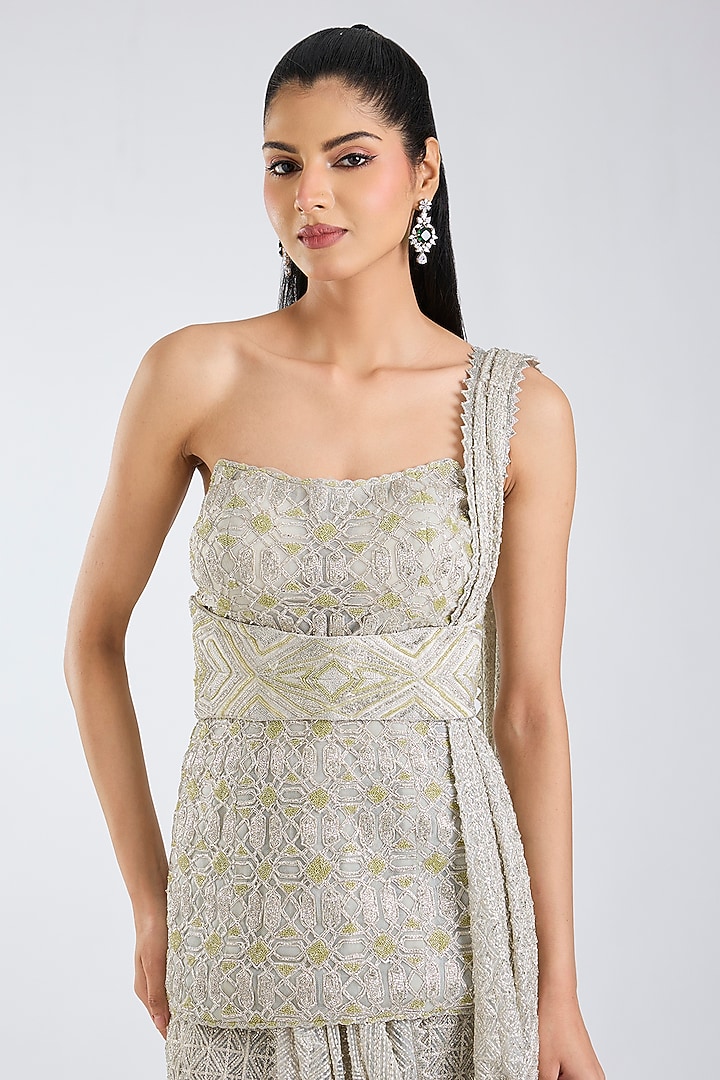 Silver & Lime Double Georgette Crystal Embroidered Bridal Lehenga Saree Set by Ritika Mirchandani at Pernia's Pop Up Shop
