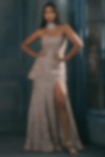 Blush Pink Crepe Bugle Beads Embroidered Slit Skirt Set by Ritika Mirchandani at Pernia's Pop Up Shop