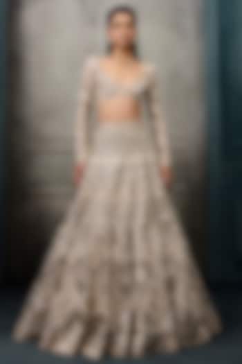 Ivory & Gold Crepe Crystal Embroidered Bridal Lehenga Set by Ritika Mirchandani at Pernia's Pop Up Shop