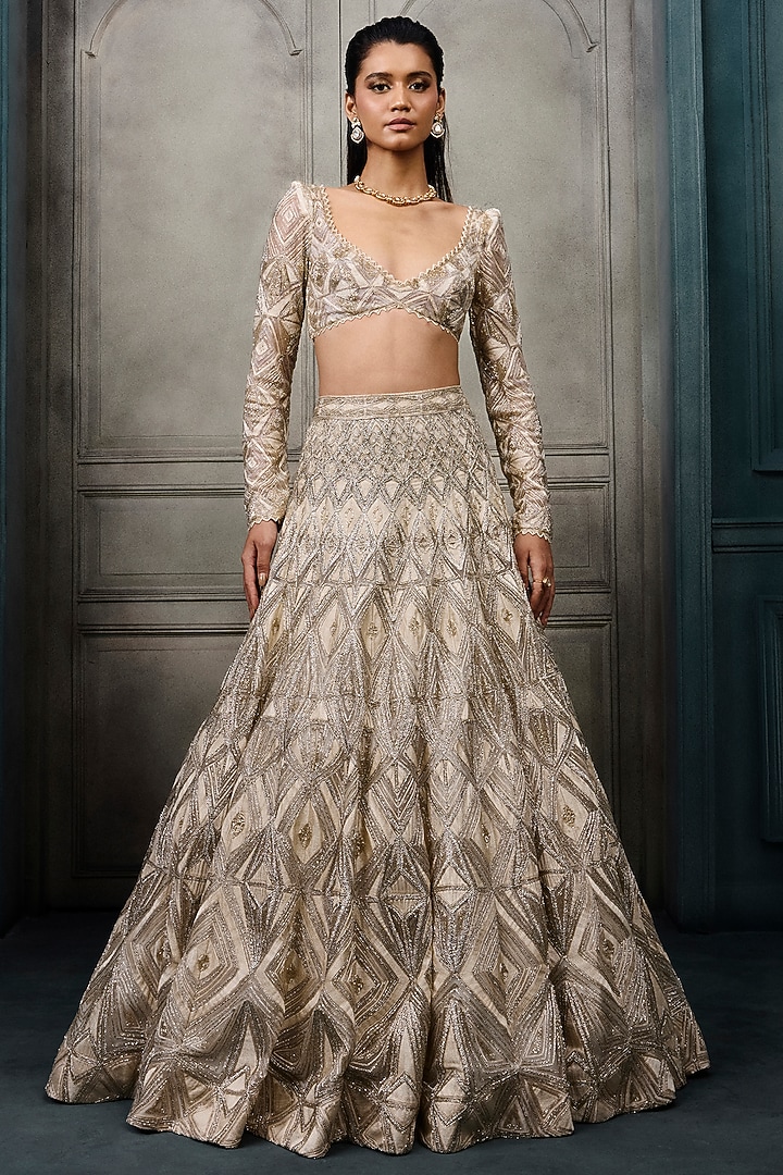 Ivory & Gold Crepe Crystal Embroidered Bridal Lehenga Set by Ritika Mirchandani at Pernia's Pop Up Shop