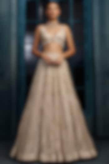 Ivory & Gold Crepe Crystal Embroidered Bridal Lehenga Set by Ritika Mirchandani at Pernia's Pop Up Shop