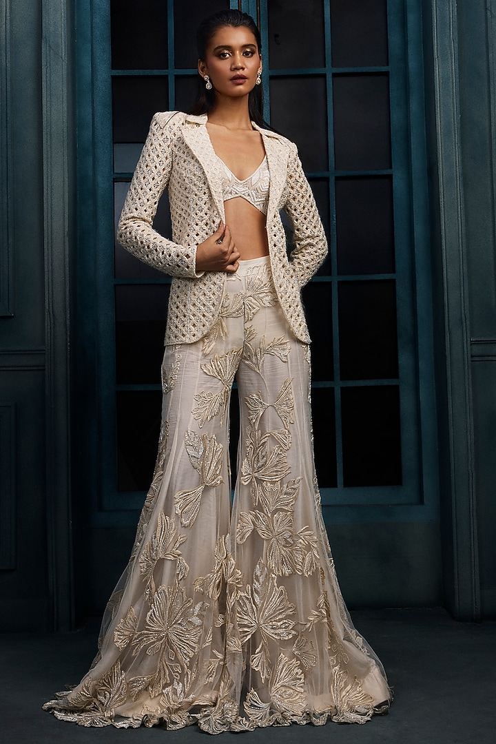 Ivory Crepe Crystal Embroidered Bridal Sharara Set by Ritika Mirchandani at Pernia's Pop Up Shop