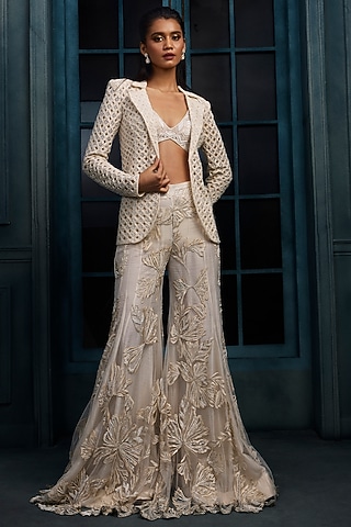 Ivory Crepe Crystal Embroidered Sharara Set by Ritika Mirchandani