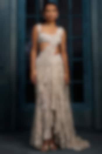 Ivory & Gold Crepe Crystal Embroidered Bridal Lehenga Saree Set by Ritika Mirchandani at Pernia's Pop Up Shop