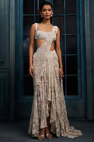 Ivory & Gold Crepe Crystal Embroidered Lehenga Saree Set by Ritika Mirchandani