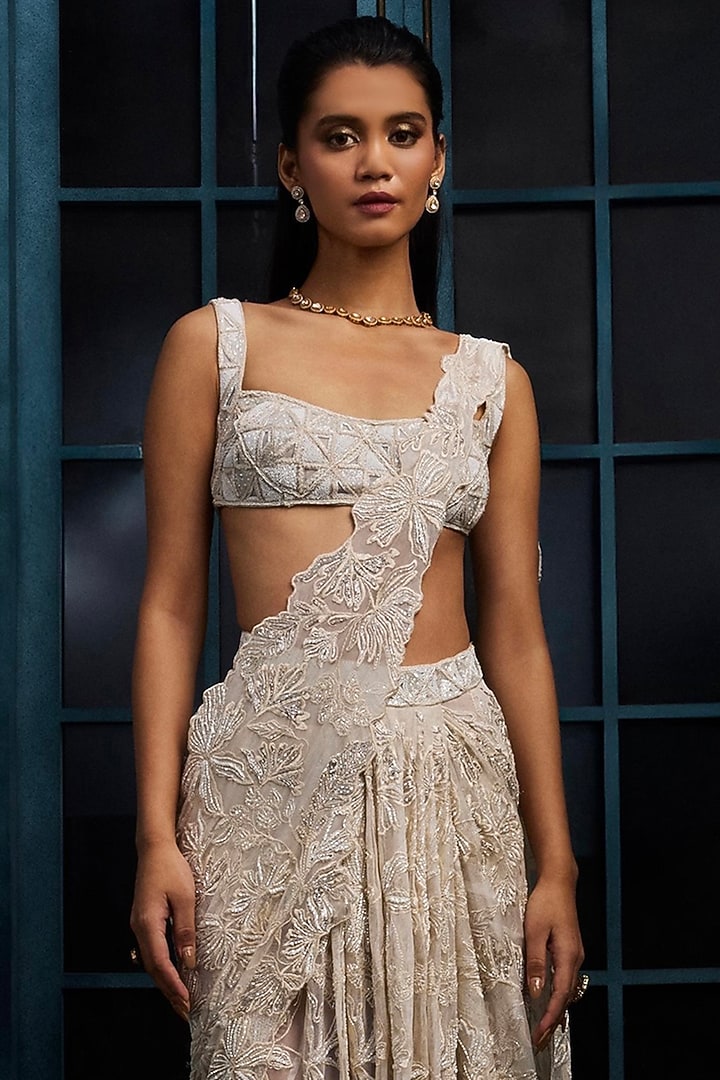 Ivory & Gold Crepe Crystal Embroidered Bridal Lehenga Saree Set by Ritika Mirchandani at Pernia's Pop Up Shop