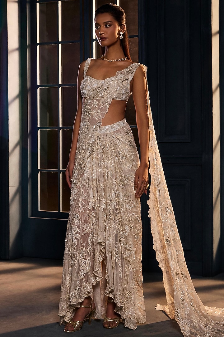 Ivory & Gold Crepe Crystal Embroidered Bridal Lehenga Saree Set by Ritika Mirchandani at Pernia's Pop Up Shop