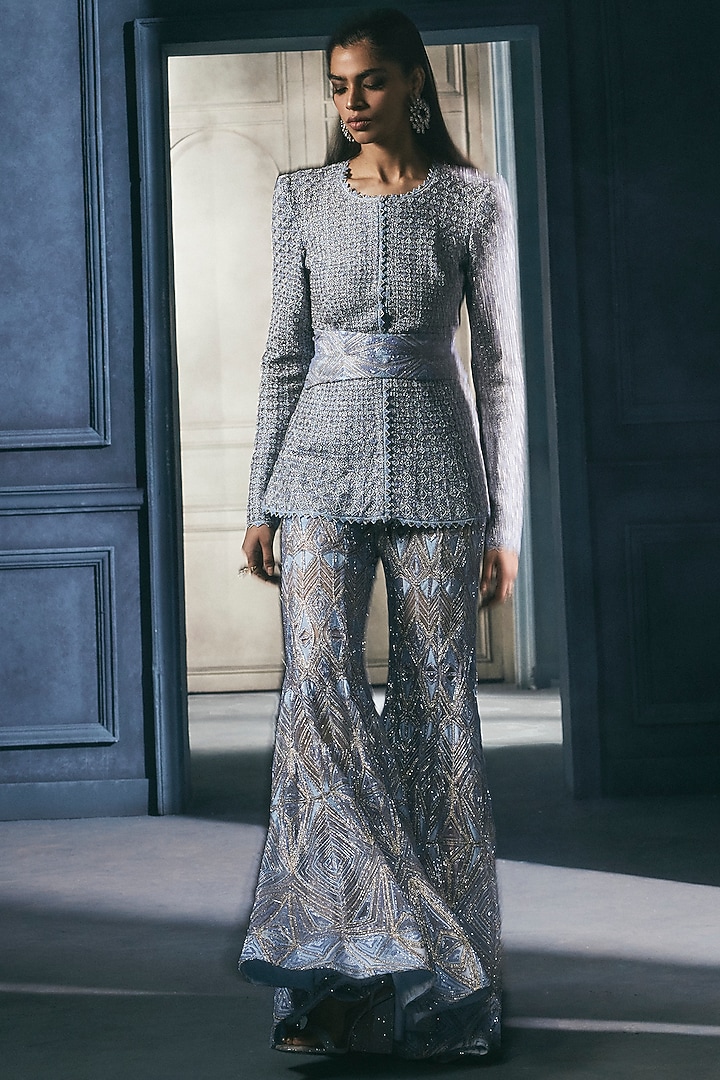 Ice Blue & Gold Crepe Crystal Embroidered Bridal Sharara Set by Ritika Mirchandani at Pernia's Pop Up Shop