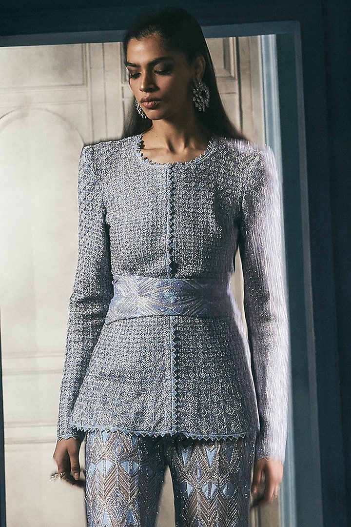 Ice Blue & Gold Crepe Crystal Embroidered Bridal Sharara Set by Ritika Mirchandani at Pernia's Pop Up Shop